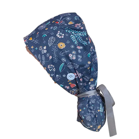 Navy Floral Long Hair Scrub Cap with terrycloth strip- Perfect for Specialists, Doctors, Dentists, Nurses and many more