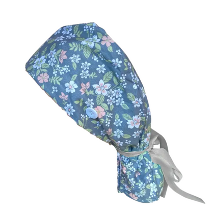 White and Blue Flower Long Hair Scrub Cap with terrycloth strip- Perfect for Specialists, Doctors, Dentists, Nurses and many more