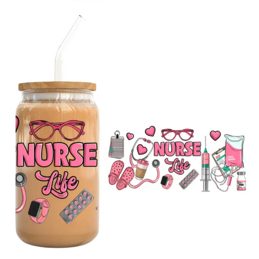 Nurse Life (Pink) 470ml Glass Can Cup with Bamboo Lid, Straw and Wrap – Ready-to-Gift Drinkware