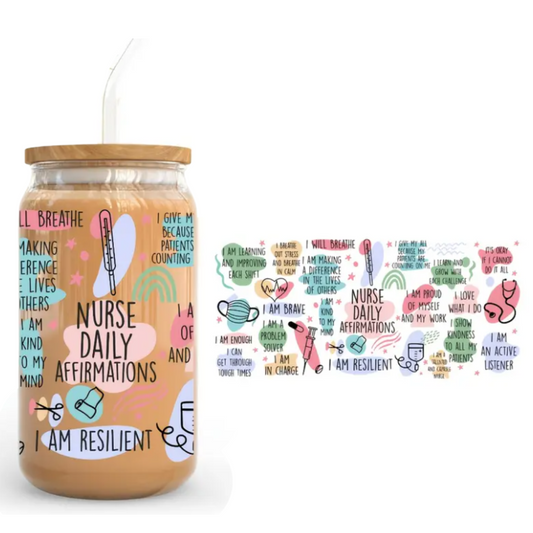 Nurse Daily Affirmations 470ml Glass Can Cup with Bamboo Lid, Straw and Wrap – Ready-to-Gift Drinkware