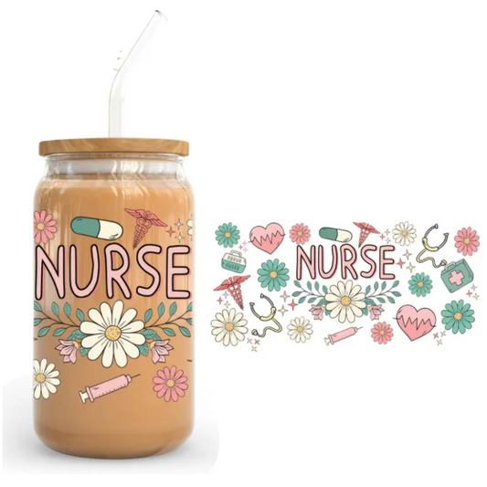 Floral Nurse 470ml Glass Can Cup with Bamboo Lid, Straw and Wrap – Ready-to-Gift Drinkware