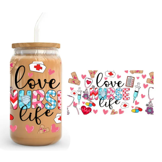 Love Nurse Life 470ml Glass Can Cup with Bamboo Lid, Straw and Wrap – Ready-to-Gift Drinkware