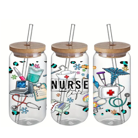 NURSE (Light Blue) 470ml Glass Can Cup with Bamboo Lid, Straw and Wrap – Ready-to-Gift Drinkware