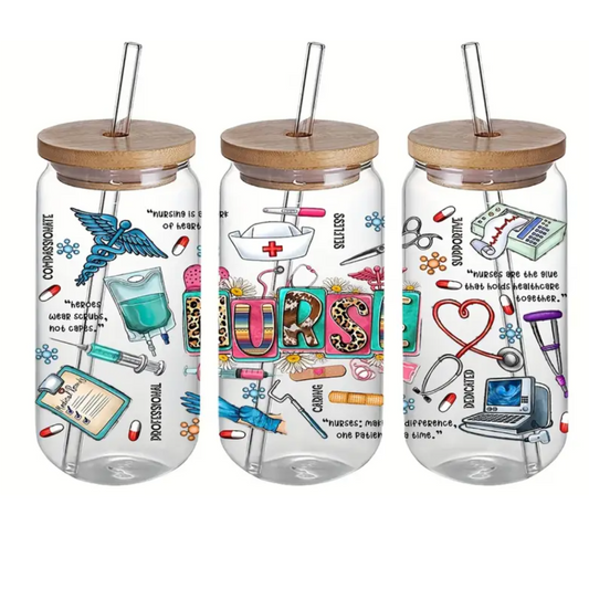 NURSE (blue) 470ml Glass Can Cup with Bamboo Lid, Straw and Wrap – Ready-to-Gift Drinkware