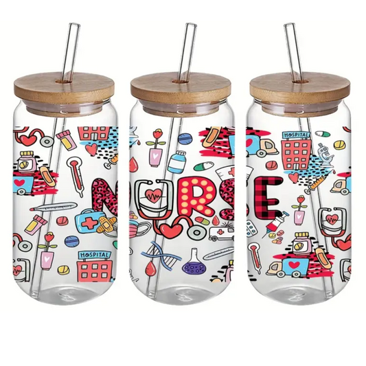NURSE (red) 470ml Glass Can Cup with Bamboo Lid, Straw and Wrap – Ready-to-Gift Drinkware